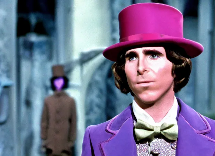 Image similar to film still of Christian Bale as Willy Wonka in Willy Wonka and the Chocolate Factory 1971