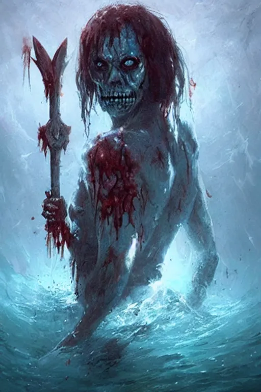 Image similar to painting by greg rutkowski of a drowned zombie with!! glowing cyan eyes!!, holding a trident, underwater