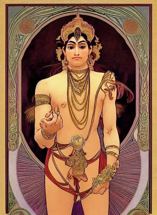 Image similar to a fully dressed!!! portrait of beautiful ornated hanuman!!!! god with flowing medium hair, soft facial features, kind appearence, digital art by alphonse mucha, inspired by krishen khanna and madhvi parekh, symmetrical body, artgerm, portrait, muted color scheme, highly detailed, outrun art style