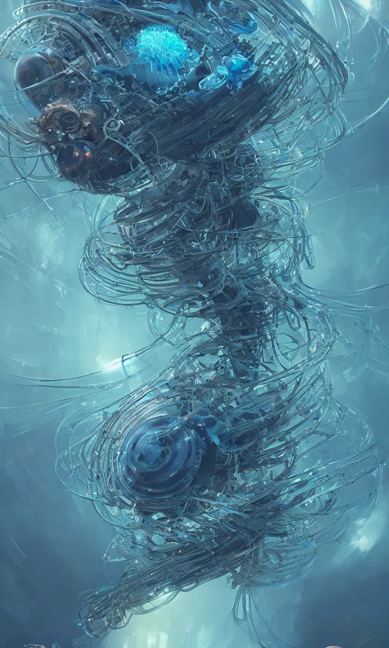 Image similar to Panorama hyper detailed painting of a cyberpunk jellyfish, blue tones, underwater, 8 mm, highly detailed, digital painting, artstation, concept art, smooth, sharp focus, illustration, art by artgerm and greg rutkowski and alphonse mucha