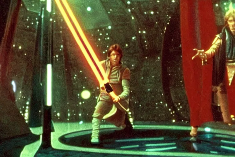 Prompt: scene from star wars: the empire strikes back, david bowie as ziggy skywalker turns on a lightsaber in a mirror maze, amazing cinematography