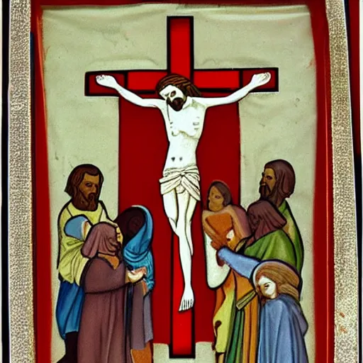 Prompt: jesus being pulled off the cross by the red cross