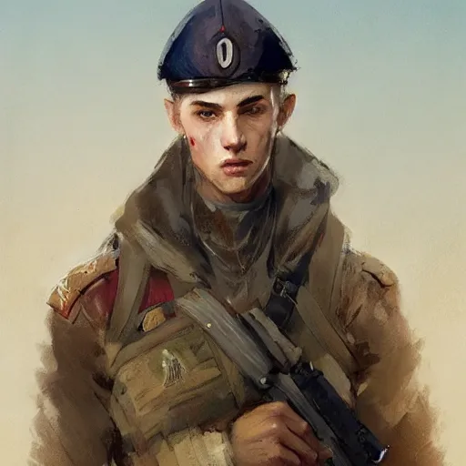 Prompt: Young man with blue eyes and brown hair, wearing a military uniform, by Greg Rutkowski, matte painting, trending on artstation