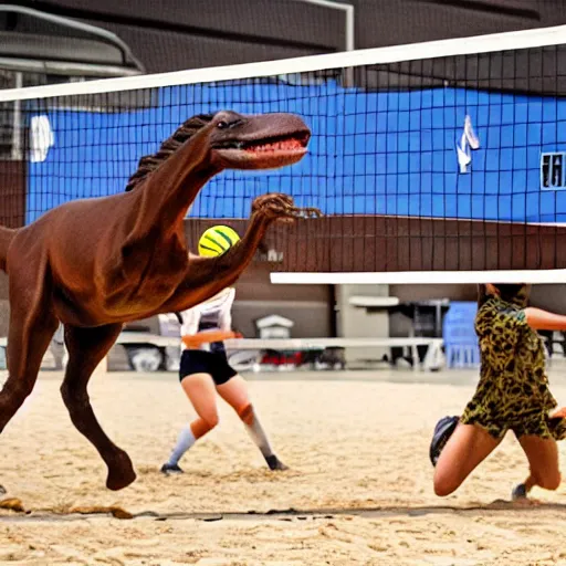 Image similar to a horse and a velociraptor playing volleyball