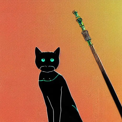 Prompt: A portrait of a black cat Pharaoh, wearing an Egyptian attire and a had, holding a staff, photorealistic digital art in a synthwave style