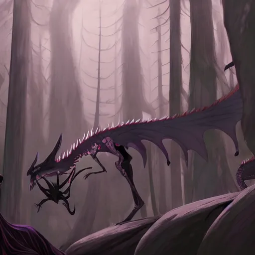 Image similar to concept art painting of an anthropomorphic dragon king with black robes, a long neck, and skull mask, in a deep forest, cel shaded, in the style of makoto shinkai and james gurney and studio ghibli and moebius