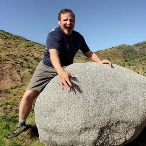 Prompt: a man with a disturbing smile pushes an impossibly large boulder up a hill