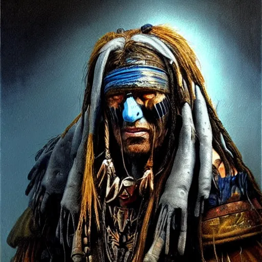 Image similar to art by simon bisley, primitive shaman warrior, atmospheric lighting, painted, intricate, blue and grey hour, ultra detailed