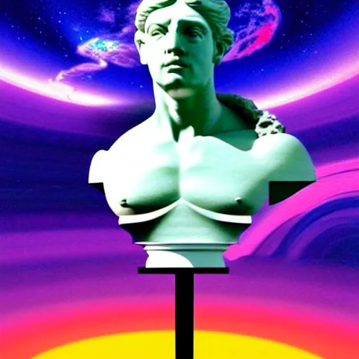 Image similar to 3 d sci - fi cgartist rendering of a hyper realistic marble greek statuary bust floating in space, at the vast pulsating interdimensional fractal space portal at the psychedelic vaporwave ombre event horizon by chris moore, by edward hopper, by col price, trending on artstation