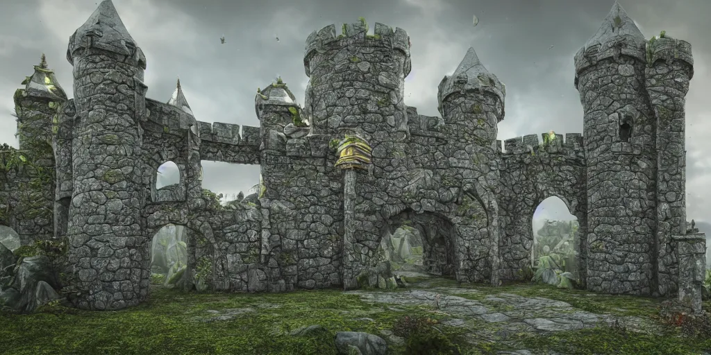 Prompt: a beautiful realistic detailed castle carved in a stone, gate, surreal, surrounded by mold and moss, photorealistic, octane render, volumetric lighting,