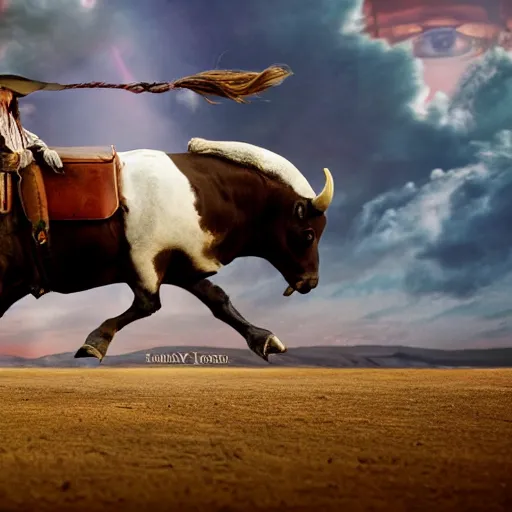 Image similar to Johnny Depp riding a bull, 8k ultra hd, hyper detailed