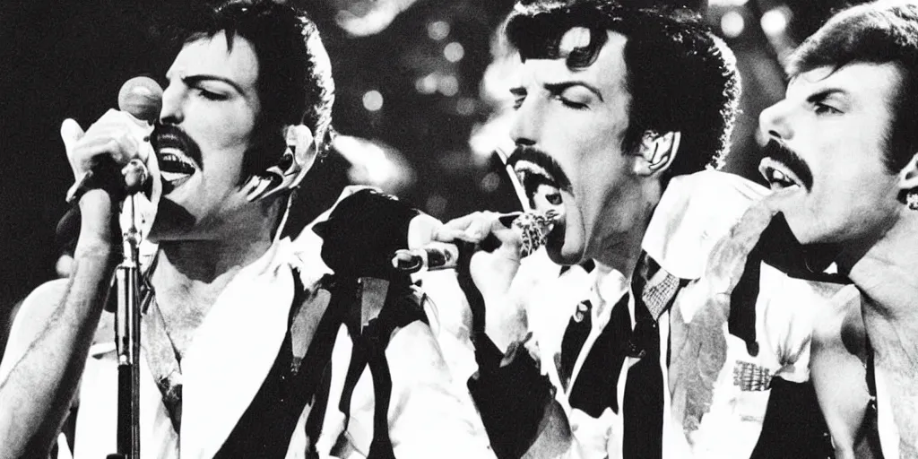 Image similar to freddie mercury and david bowie perform together on stage at a music festival