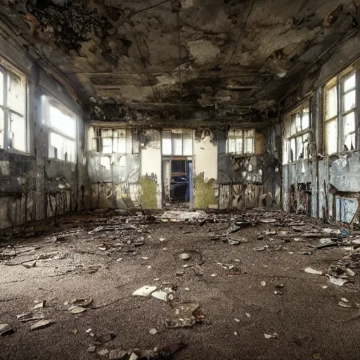 Image similar to the inside of an abandoned hospital, skeleton heads on the floor of the ruined hospital, realistic lighting