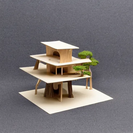 Prompt: maquette model of an modern treehouse sitting on a conference table in modern architecture office, mysterious auction, bass wood, balsa wood, architectural presentation, internally lit