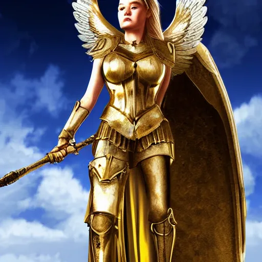 Image similar to a valkyrie warrior with angel wings flying with golden armor in front of a sky background, digital art, highly detailed, photorealism, hyperrealistic