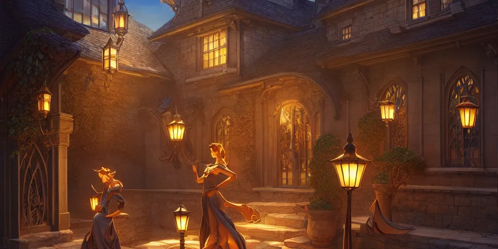 Prompt: a castle courtyard landscape, twilight, lamps, lit windows, digital illustration by michael whelan and leyendecker and artgerm, intricate details, surreal, photorealistic, award winning