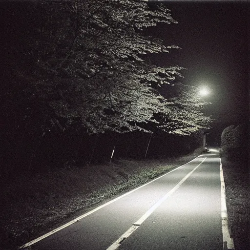 Prompt: Beautiful cameraphone 2000s, soft liminal Photograph of an estate road at night, hedge