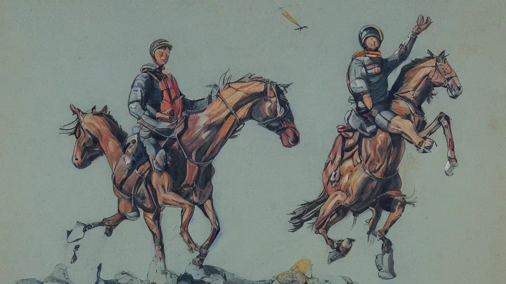 Prompt: a man is holding a horse, a horse is flying, a man is standing, a horse riding an astronaut, a man is rooted to the ground, art by falter john philip,