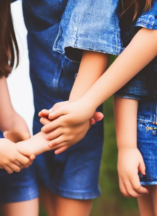 Prompt: a beautiful detailed photo of a teenage girl holding hands with her mother and younger sister, realistic, f 8, 4 k hd wallpaper