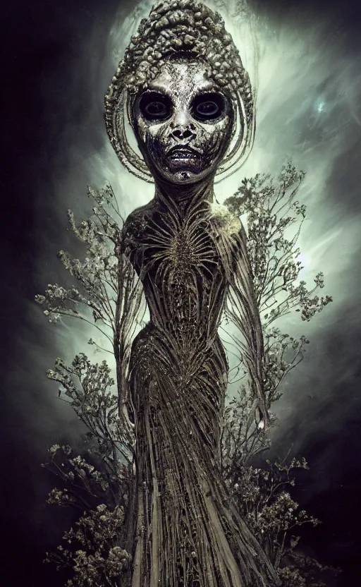 Image similar to levitating woman with ultradetailed dress in the style of giger, with white flowers and full - face golden mask inside a thick black smoke in rocky desert landscape, glowing eyes everywhere, dey earth by gaspar noe and christopher doyle, anamorphic lens, anamorphic lens flares, kodakchrome, cinematic composition, practical effects, very detailed photo, 8 k