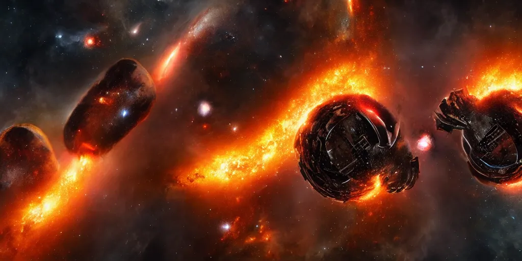 Prompt: two galaxies crushing each other, galactic conquest, hell, fire, inferno, explosion, atomic bomb, dreamcore, realistic, doom, catastrophe, insanity, cinematic, end of humanity, 8 k, hdr, very detailed