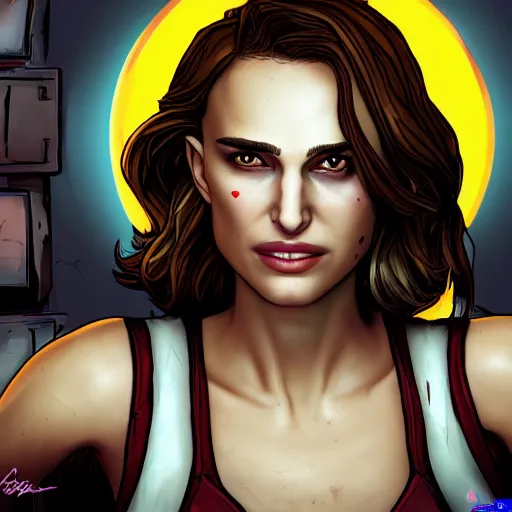 Image similar to natalie portman portrait, borderlands, tales from the borderlands, the wolf among us, comic, cinematic lighting, studio quality, 8 k