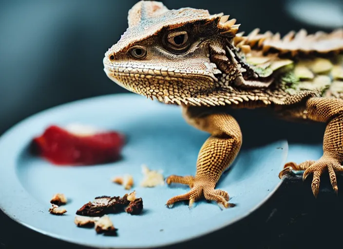 Image similar to dslr portrait still of a bearded dragon eating a slice of cheesecake, 8 k 8 5 mm f 1. 4