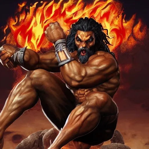 Image similar to jason momoa as dhalsim street fighter, sitting and floating in mid air, surrounded by fire, ultra realistic, concept art, intricate details, highly detailed, photorealistic, octane render, 8 k, unreal engine, art by frank frazetta, simon bisley, brom