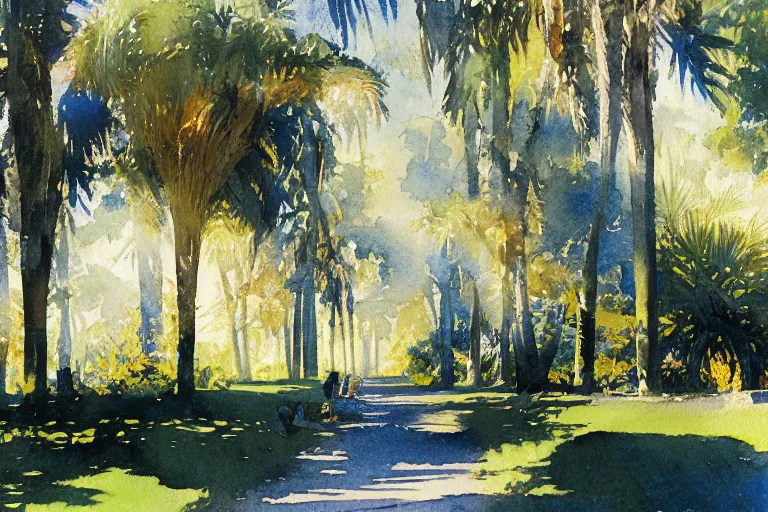 Prompt: small centered on watercolor paper, paint brush strokes, abstract watercolor painting of royal park, daylight, shadows, covering foliage over luxurious pathway, palm trees and oak, sunlight shining through leaf, translucent leaves, cinematic light, national romanticism by hans dahl, by jesper ejsing, by anders zorn, by greg rutkowski, by greg manchess, by tyler edlin