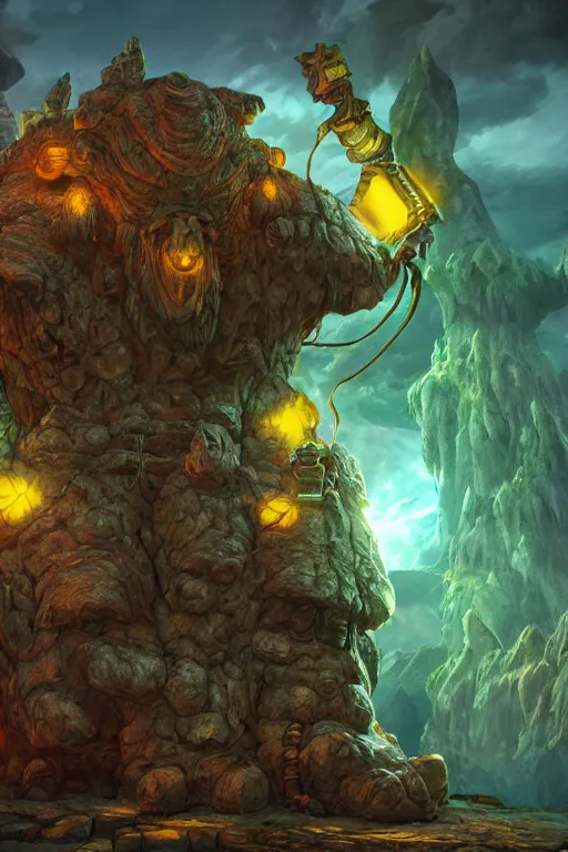 Image similar to zelda fantasy art giant golem troll wood rock greeble gemstone, global illumination ray tracing hdr fanart arstation by sung choi and eric pfeiffer and gabriel garza and casper konefal