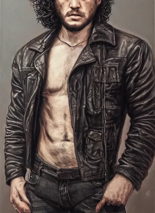 Image similar to portrait of kit harrington, gritty, dark, wearing a leather jacket, hairy chest, very detailed eyes, hyperrealistic, very detailed painting by Glenn Fabry, by Joao Ruas, by Artgerm