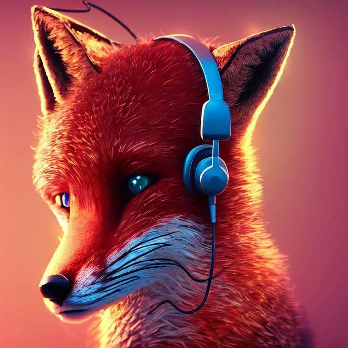 Image similar to fox with headphones, HD, 4K, intricate abstract. intricate artwork. by Tooth Wu, wlop, beeple, dan mumford, octane render, trending on artstation, greg rutkowski very coherent symmetrical artwork. cinematic, hyper realism, high detail, octane render, 8k, iridescent accents