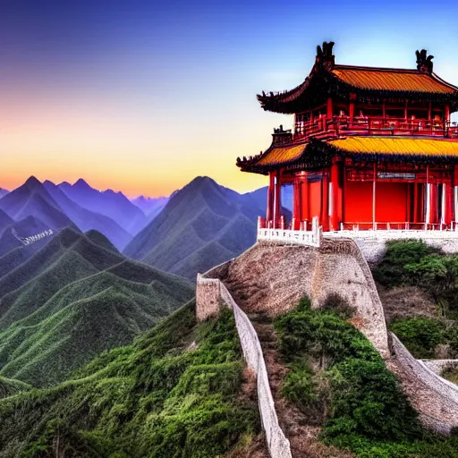 Prompt: a beautiful wide angle HDR photograph of a distant Chinese temple in a vast mountain valley at sunset