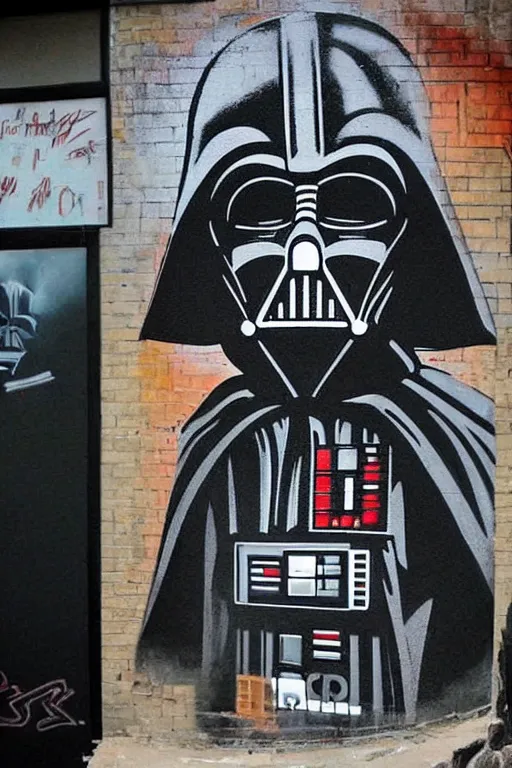 Prompt: darth vader graffiti art on the wall of a cantina on tatooine