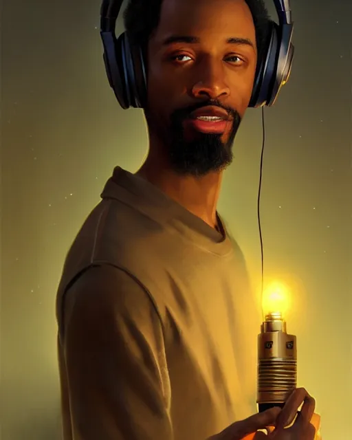 Image similar to light skin black man with headphones at his home studio producing music late at night, very detailed, 4 k, concept art like ernest khalimov, intricate details, highly detailed by greg rutkowski, ilya kuvshinov, gaston bussiere, craig mullins, simon bisley