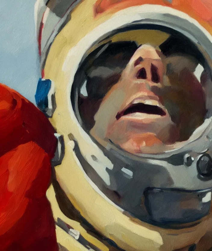 Image similar to a close up portrait painting of a man in an astronaut suit, screaming and sad, highly detailed, close up, aesthetic stars in the background, in the style of edward hopper, fine brush strokes, 4 k,