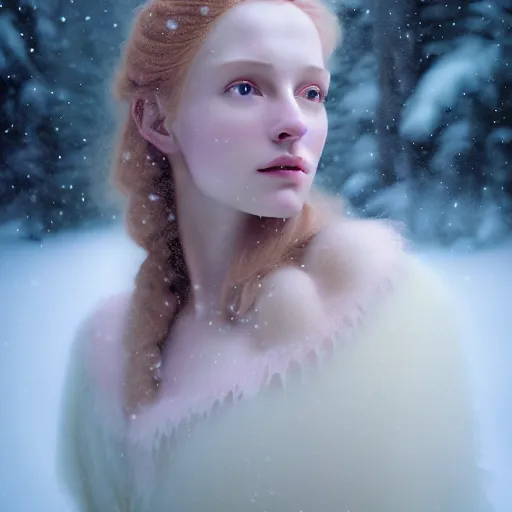 Prompt: photographic portrait of a stunningly beautiful english renaissance female in soft dreamy light at sunset, snowy forest, soft focus, contemporary fashion shoot, in a denis villeneuve and tim burton movie, by edward robert hughes, annie leibovitz and steve mccurry, david lazar, jimmy nelsson, extremely detailed, breathtaking, hyperrealistic, perfect face, octane render