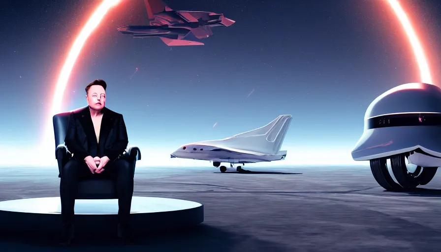 Prompt: elon musk sits on the throne, rockets take off in the background, fine details, digital art, volumetric lighting, cinematic light, photorealistic, 4 k, perfect face, fine details,