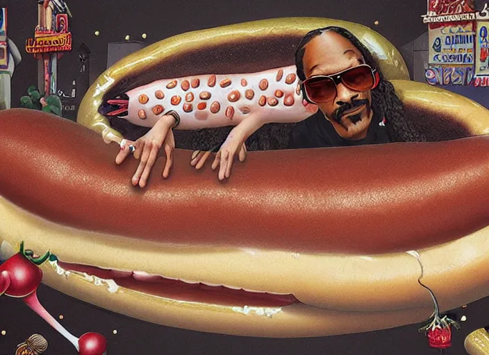 Prompt: snoop dogg inside a hot dog, lowbrow, matte painting, 3 - d highly detailed, in the style of mark ryden,