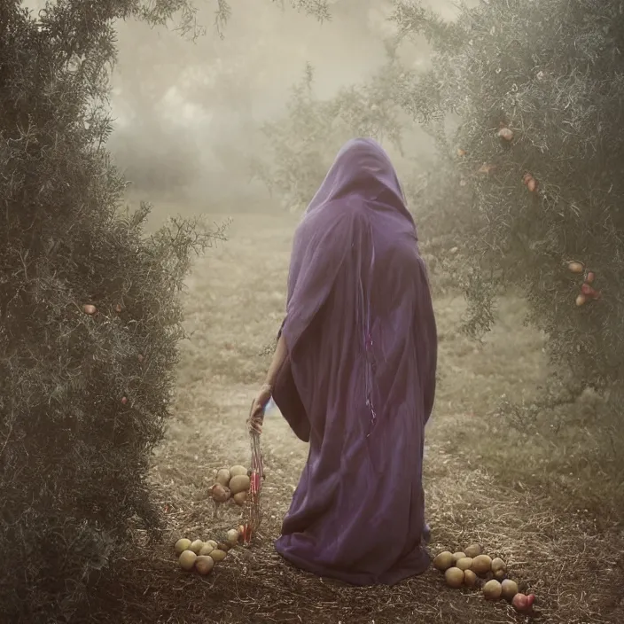 Image similar to a closeup portrait of a woman wearing a cloak made of iridescent twine and ribbon, picking pomegranates from a tree in an orchard, foggy, moody, photograph, by vincent desiderio, canon eos c 3 0 0, ƒ 1. 8, 3 5 mm, 8 k, medium - format print