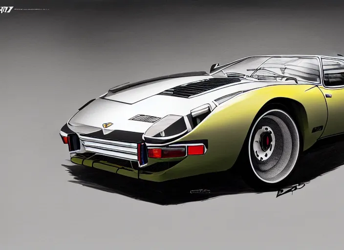 Image similar to a blending, amalgamation and detailed combination of a lamborghini countach, datsun 2 6 0 z and a jaguar e - type, concept art, round headlights, 8 k, highly detailed, trending on art station