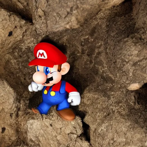 Prompt: a rat with the head of super mario in a cave