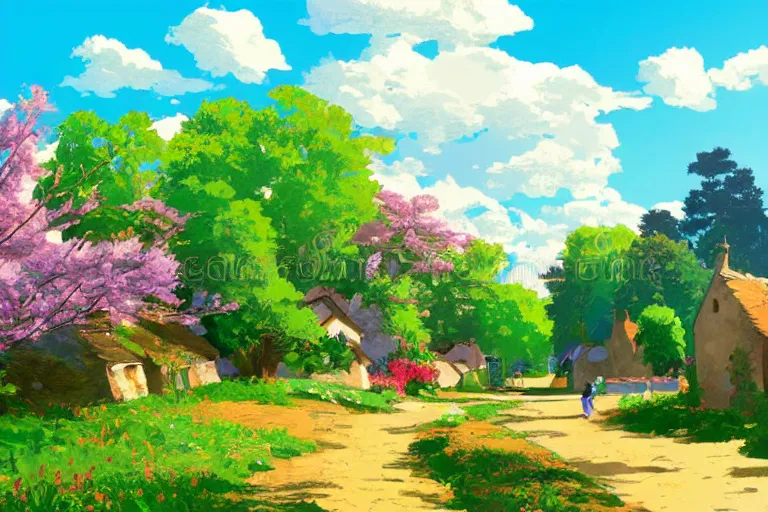 Prompt: a beautiful landscape of a tiny futuristic village in the french countryside during spring season, painting by studio ghibli hd and albert bierstadt hd and vector illustration touch, nice spring afternoon lighting, smooth tiny details, soft and clear shadows, low contrast, perfect