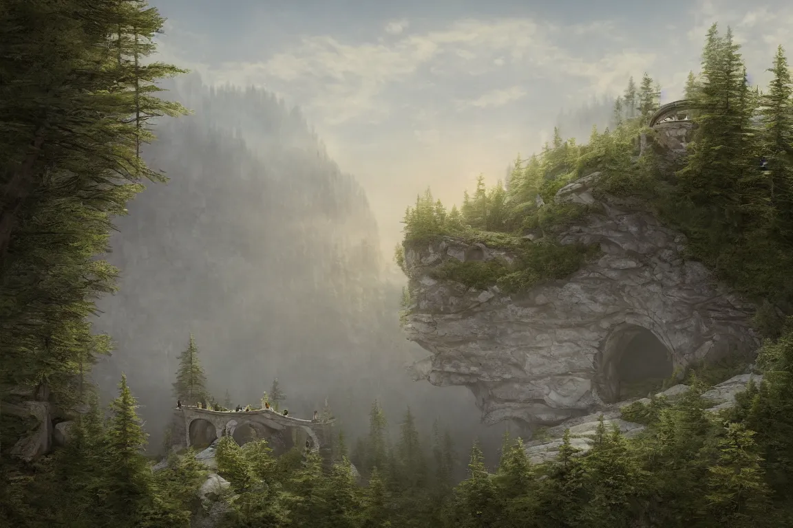 Prompt: A beautiful matte drawing of a ellipse-shaped building with rounded windows, standing on a large cliff near a coniferous forest. A thin stone bridge goes over the cliff. View from afar, photorealism, fog, 8k, 16k