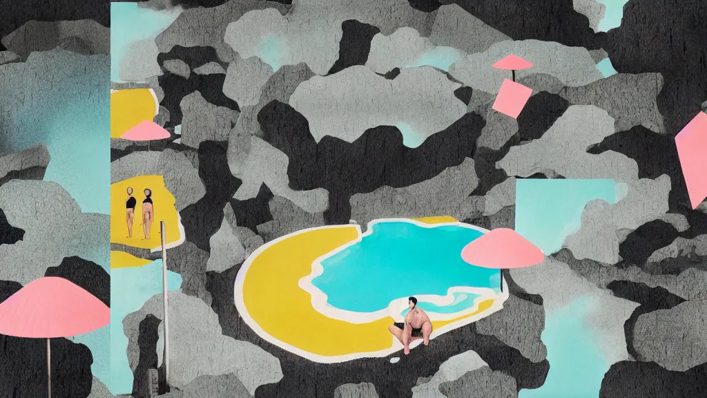 Image similar to japan natural hot spring, a collage painting, in the style of wes anderson, lola dupre, david hockney, isolated on negative space background dark monochrome neon spraypaint accents volumetric octane render