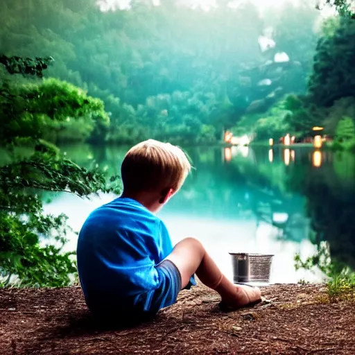 Image similar to a silver dragon and a boy sitting together next to a lake watching firefly, night, forest