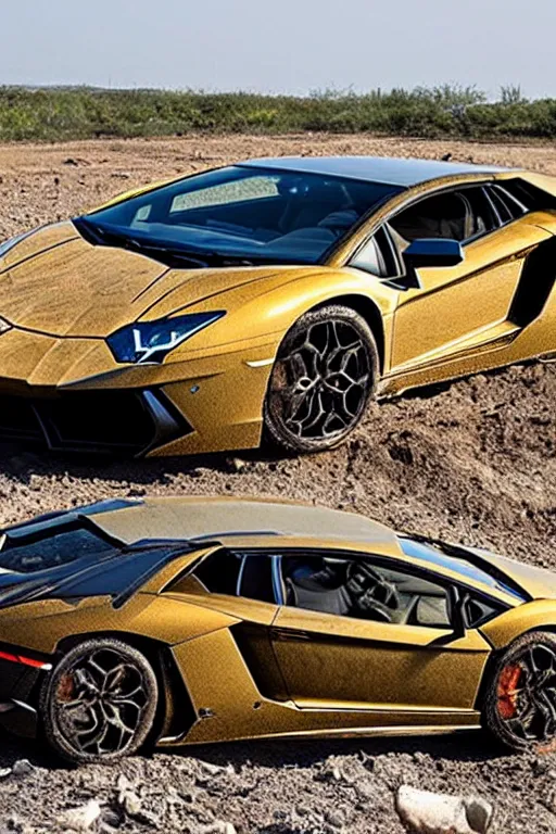Image similar to Fossilized Lamborghini Aventador found in ancient archeological dig, national geographic photo.