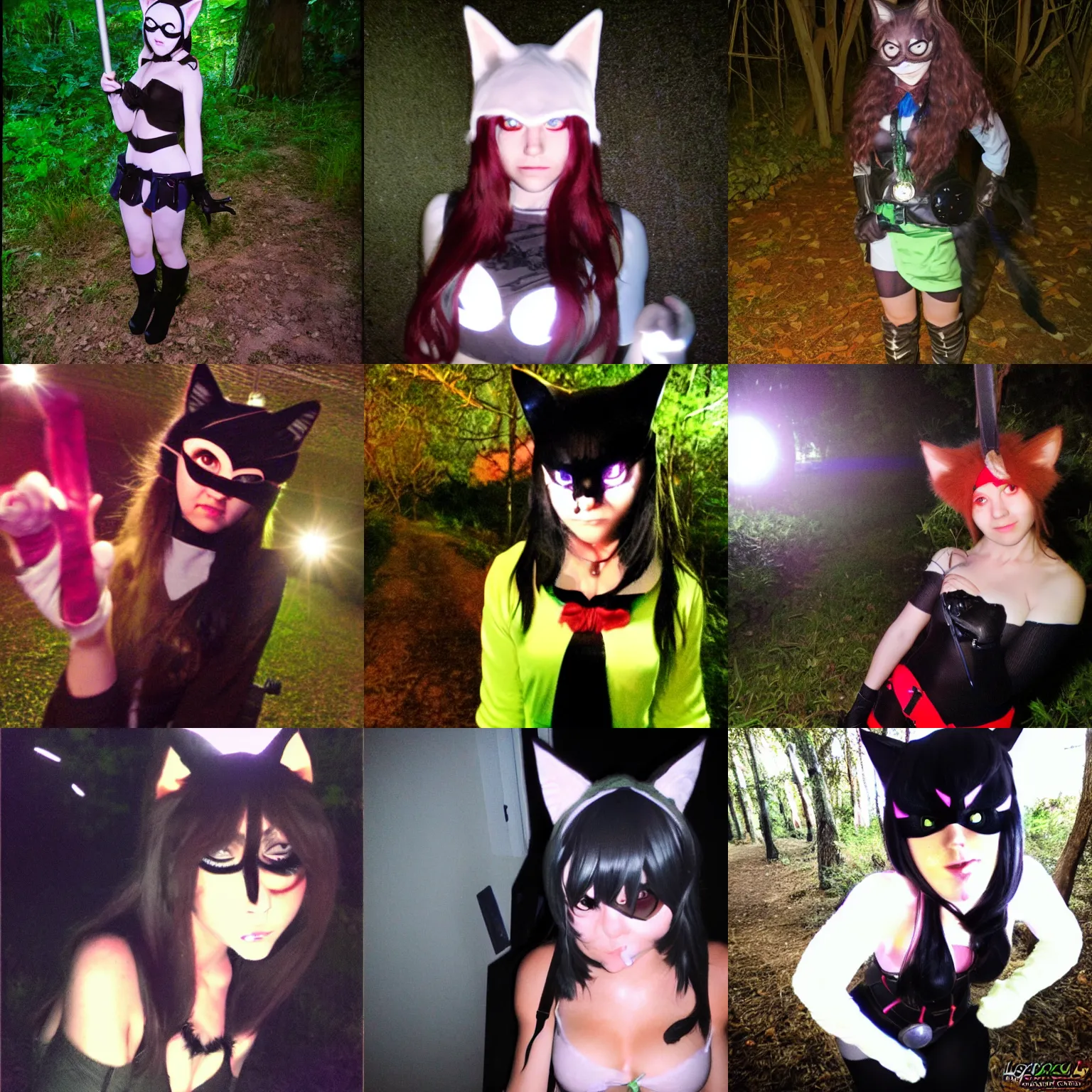 Prompt: cosplay catgirl caught on a midnight trail cam, very very bright flash, overexposed, too bright to see her face