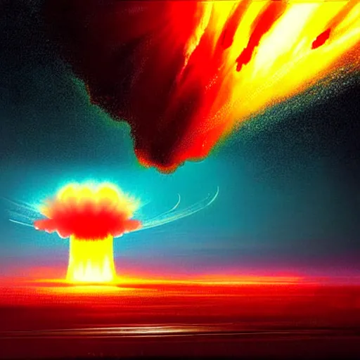 Image similar to nuclear explosion from space, neon lights by greg rutkowski