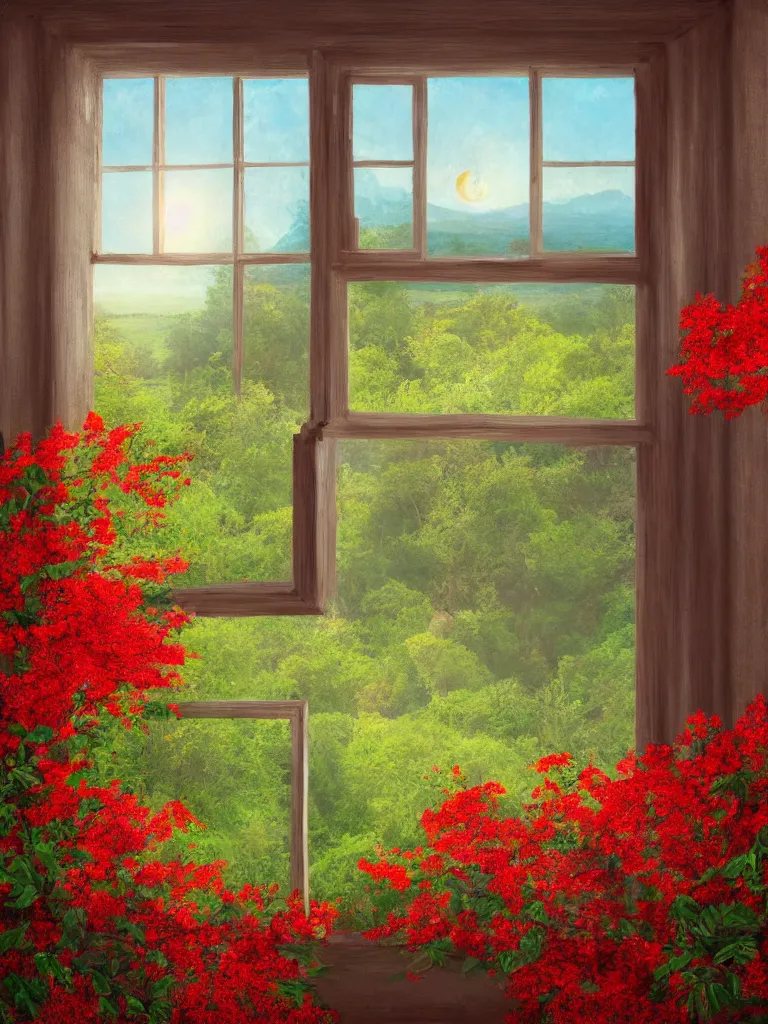 Prompt: a interior photo of a old house single window with view to the sunrise near some red flowers, hyperrealistic, digital painting, masterpiece, high quality, highly detailed, high coherence, path traced, serene landscape, beautiful, elegant, bloom, godrays, complementary colors, natural lighting, symmetrical, low contrast